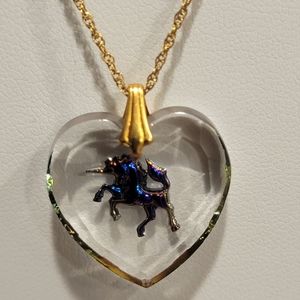 Clear Austrian Intaglio Crystal Irridescent Unicorn Pendant 18" 14k Gold Fill